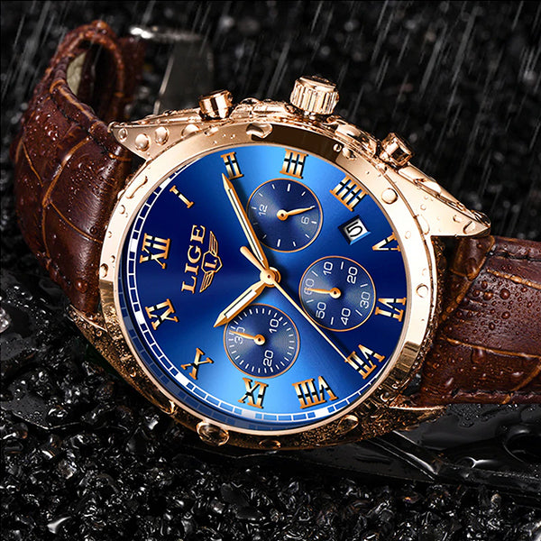 LIGE High End Luxury Mens Watch with Blue Face, 30M Waterproof, Brown