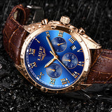 LIGE High End Luxury Mens Watch with Blue Face, 30M Waterproof, Brown