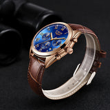 LIGE High End Luxury Mens Watch with Blue Face, Sideview, Brown