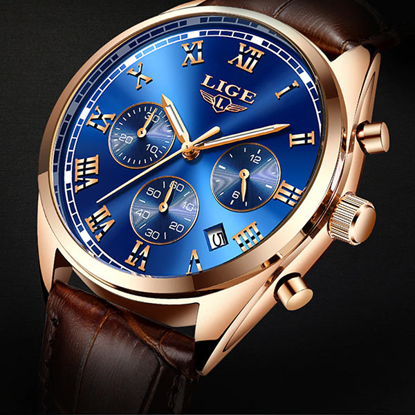 LIGE High End Luxury Mens Watch with Blue Face, Closeup, Brown Leather