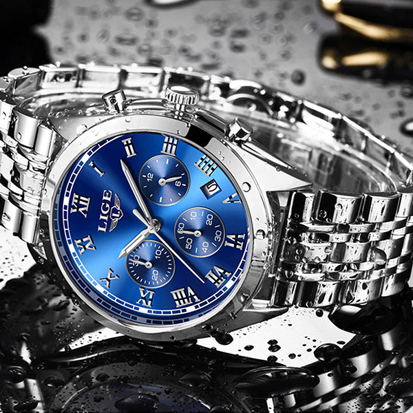LIGE High End Luxury Mens Watch with Blue Face, Waterproof, Silver