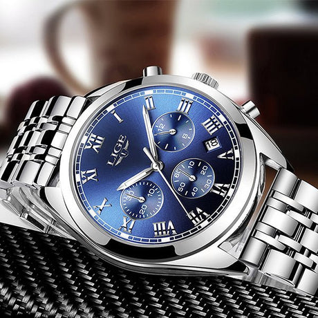 LIGE High End Luxury Mens Watch with Blue Face, Flat, Silver