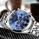 LIGE High End Luxury Mens Watch with Blue Face, Flat, Silver