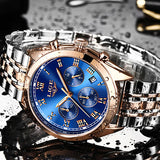 LIGE High End Luxury Mens Watch with Blue Face, Waterproof, Gold w Silver