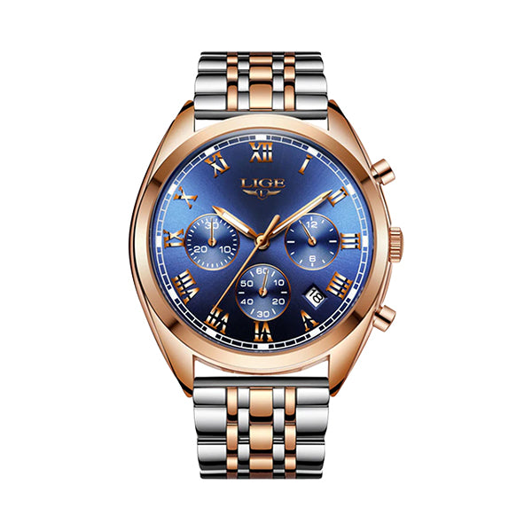 Lige High End Luxury Mens Watch, Blue Face, Gold w Silver