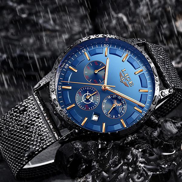 LIGE Mens Luxury Sports Watch, 30M Waterproof, Black w Blue
