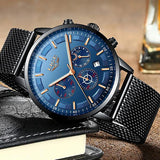 LIGE Mens Luxury Sports Watch, Sideview, Black w Blue