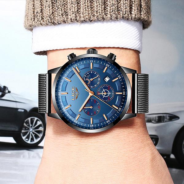 LIGE Mens Luxury Sports Watch, Model Hand, Black w Blue