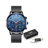 LIGE Mens Luxury Sports Watch, Packaging, Black w Blue