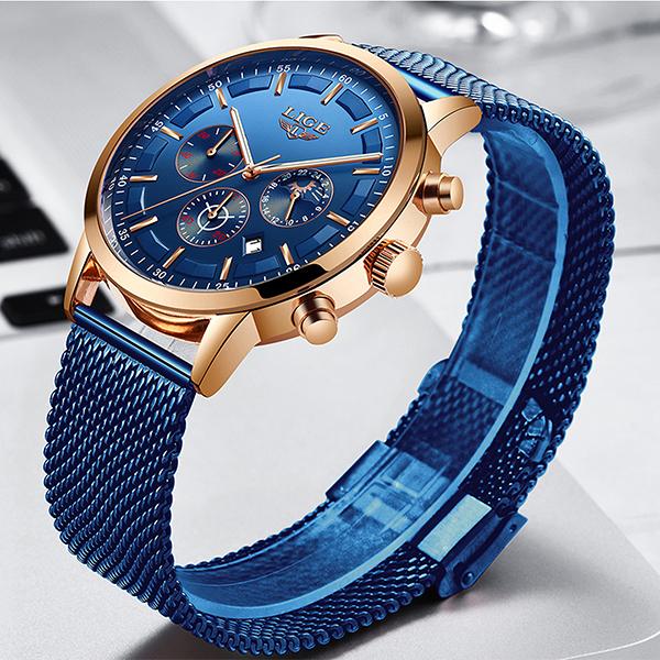 LIGE Mens Luxury Sports Watch, Round, Blue on Blue