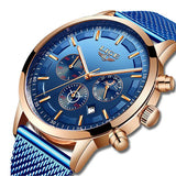 LIGE Mens Luxury Sports Watch, CloseUp, Blue on Blue