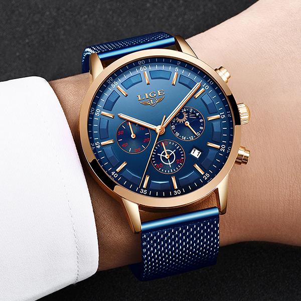 LIGE Mens Luxury Sports Watch, Hand Model, Blue on Blue