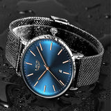 LIGE Womens Casual Ultra Thin Stainless Steel Watch with Blue Face, 30M Waterproof, Black w Gold