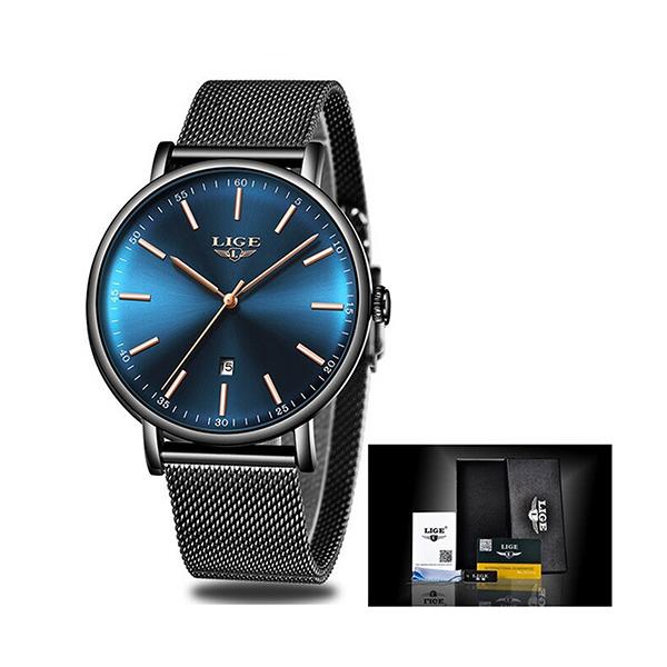 LIGE Womens Casual Ultra Thin Stainless Steel Watch with Blue Face, Packaging, Black w Gold