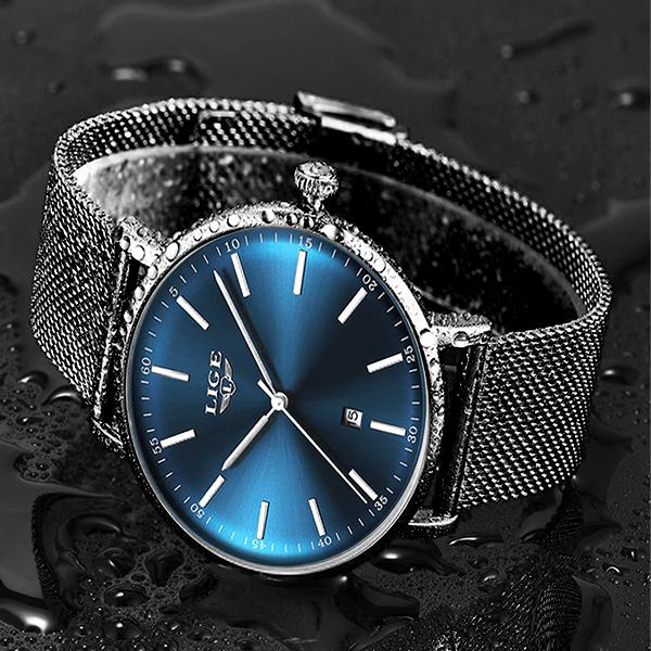 LIGE Womens Casual Ultra Thin Stainless Steel Watch with Blue Face, 30M Waterproof, Black w Silver