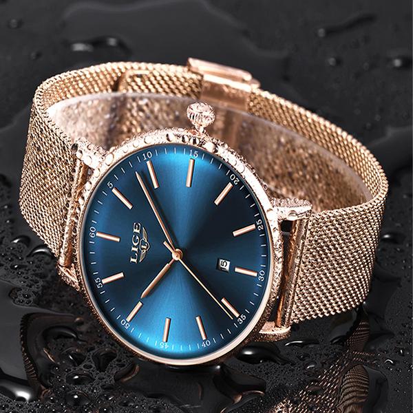 LIGE Womens Casual Ultra Thin Stainless Steel Watch with Blue Face, 30M Waterproof, Gold