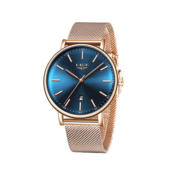 LIGE Womens Casual Ultra Thin Stainless Steel Watch with Blue Face