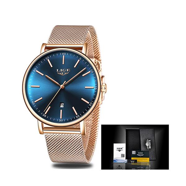 LIGE Womens Casual Ultra Thin Stainless Steel Watch with Blue Face, Packaging, Gold