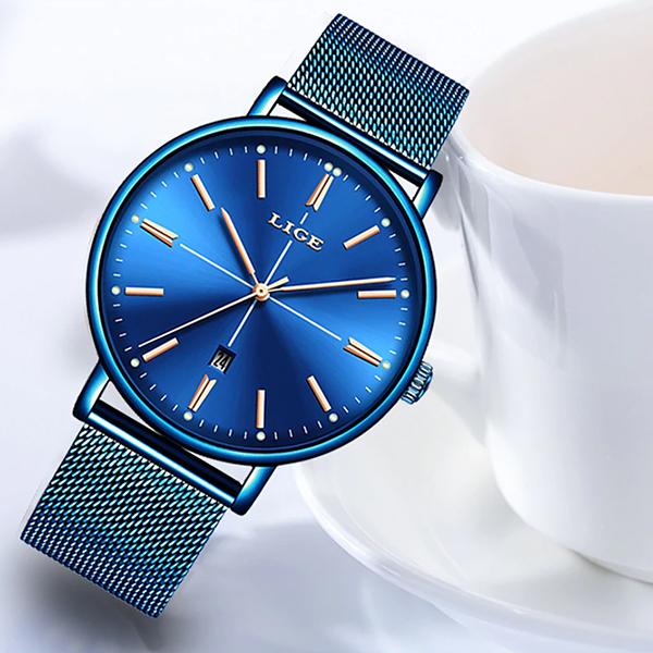 LIGE Womens Luxury Watch, Blue Face, Stainless Steel Mesh Band, Sideview, Blue