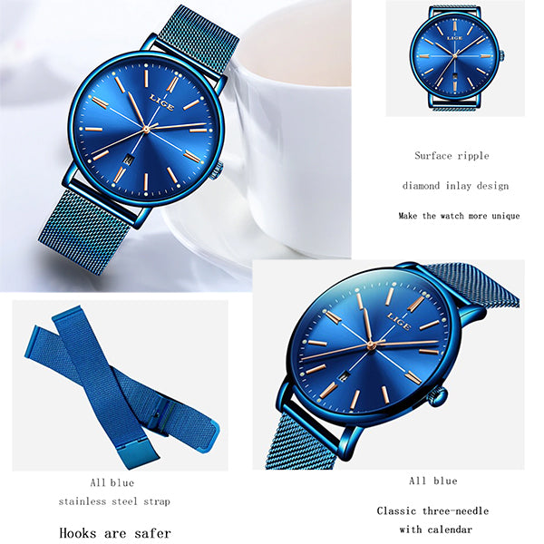 LIGE Womens Luxury Watch, Blue Face, Stainless Steel Mesh Band, Features, all SKUs