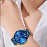 LIGE Womens Luxury Watch, Blue Face, Stainless Steel Mesh Band, Model Hands, Blue