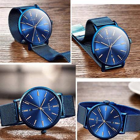 LIGE Womens Luxury Watch, Blue Face, Stainless Steel Mesh Band, Multiview, Blue