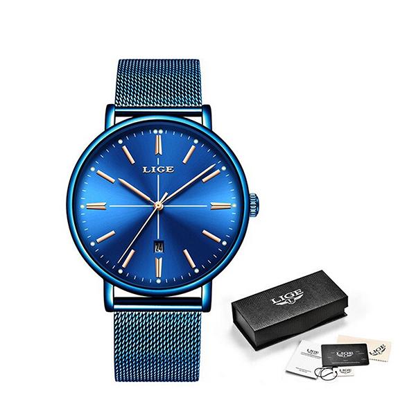 LIGE Womens Luxury Watch, Blue Face, Stainless Steel Mesh Band, Packaging, Blue