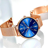 LIGE Womens Luxury Watch, Blue Face, Stainless Steel Mesh Band, sideview, Gold