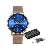 LIGE Womens Luxury Watch, Blue Face, Stainless Steel Mesh Band, Packaging, Gold
