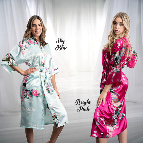 Floral Satin Light Blue Robe and Hot Pink Bridesmaid Robe for Weddings and Bachelorette Party