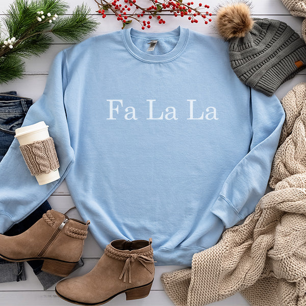 Light Blue Sweatshirt with White Falala print for the Christmas Holiday Season.  all SKUs