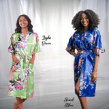 Satin Floral Light Green Robe with Royal Blue Robe for Bridesmaid, Maid of Honor, Matron of Honor & Bride