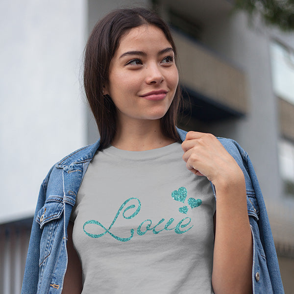 A simple but cute print with the word Love and three hearts.  This design is available on several shirt styles.  Great for Valentines Day or any day of the year.  all SKUs