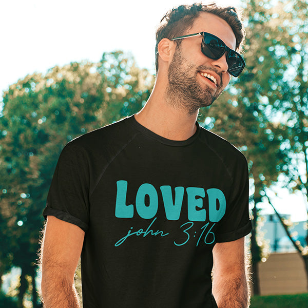 John 3 16 Shirts that is perfect for Valentines Day and any other day of the year. It features the words Loved and the Bible verse John 3:16.  Great Christian shirts. all SKUs