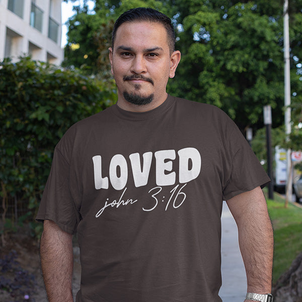 John 3 16 Shirts that is perfect for Valentines Day and any other day of the year. It features the words Loved and the Bible verse John 3:16.  Great Christian shirts. all SKUs