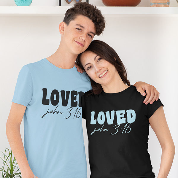 John 3 16 Shirts that is perfect for Valentines Day and any other day of the year. It features the words Loved and the Bible verse John 3:16.  Great Christian shirts. all SKUs