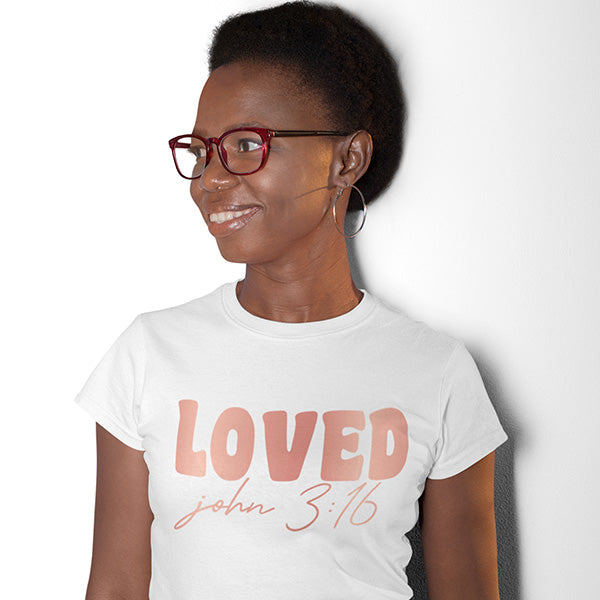 John 3 16 Shirts that is perfect for Valentines Day and any other day of the year. It features the words Loved and the Bible verse John 3:16.  Great Christian shirts. all SKUs