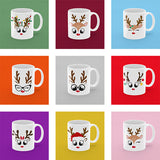 These family reindeer mugs for the Christmas holiday are available in 12 designs.  There are reindees with Christmas lights, bows,glasses, mistletoes hair pins, santa claus hats and so much more.