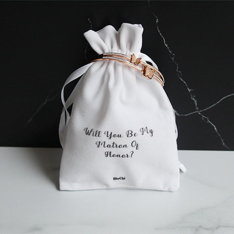 White Velvet Pouch with words Will You Be My Matron of Honor - Butterfly Bracelet Gift