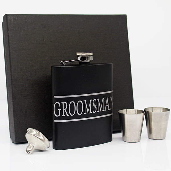 Groomsman Flask Set with 2 shot glasses and pour with black gift box - Ready for gifting