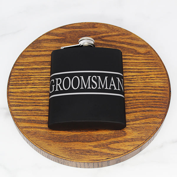Groomsman Flask - Flat Lay - 7oz Black Matte Flask with Silver Lettering