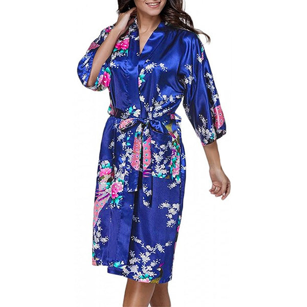 Medium Length Floral Womens Robe, Jewel Blue