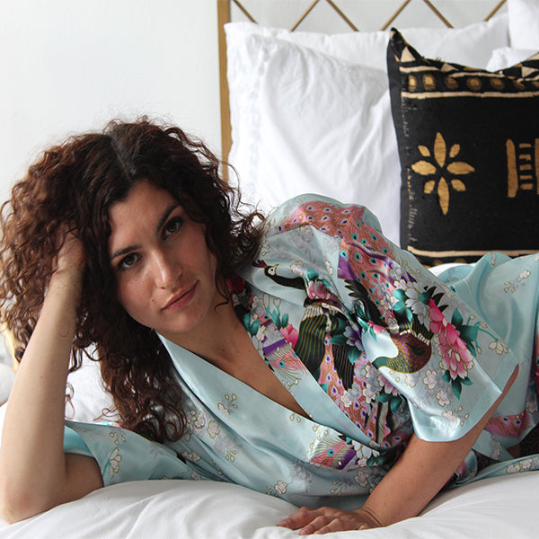 Medium Length Floral Kimono Robes Sky Blue On Bed