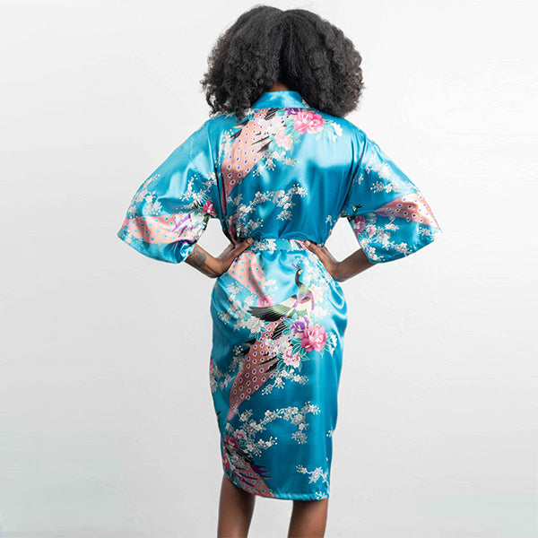 medium length robes lake blue back view