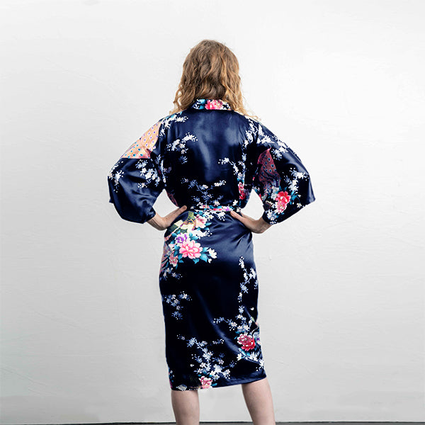 Navy Blue Silk Kimono Womens Robe