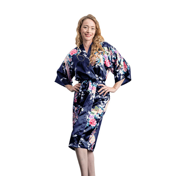 Navy Blue Silk Kimono Womens Robe