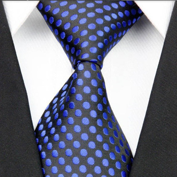 Mens Black With Blue Polka Dot Necktie, Wide Width - Gifts Are Blue - 1
