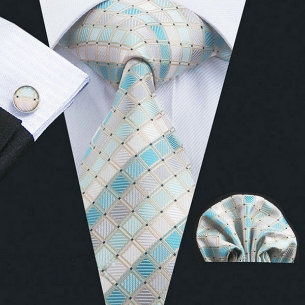 Mens Blue beige Neck Tie Pocket Square Cufflinks Gift Set