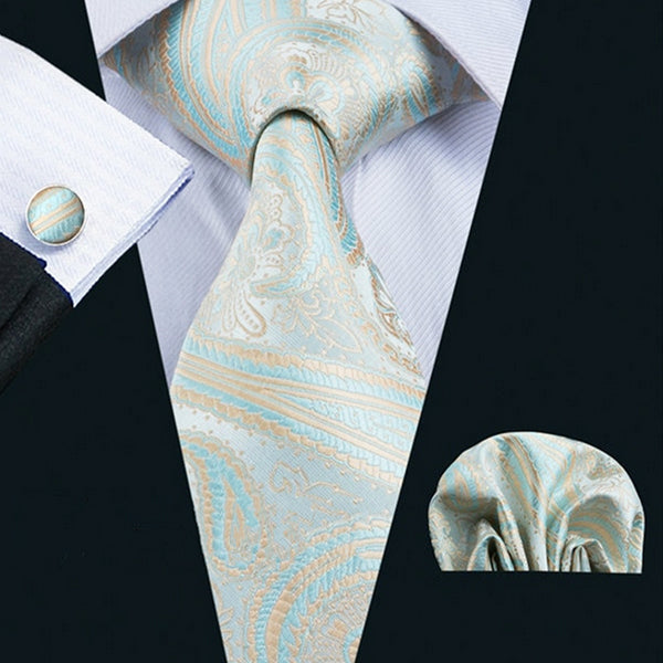 Mens Blue beige Neck Tie Pocket Square Cufflinks Gift Set 1732