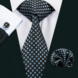 Mens Blue black Neck Tie Pocket Square Cufflinks Gift Set 1491